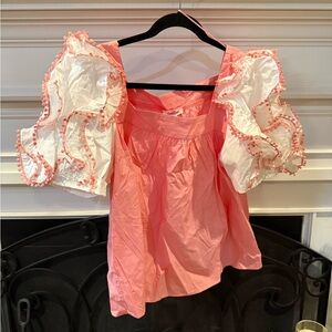 Square Neck Pink Blouse with White Puff Sleeves